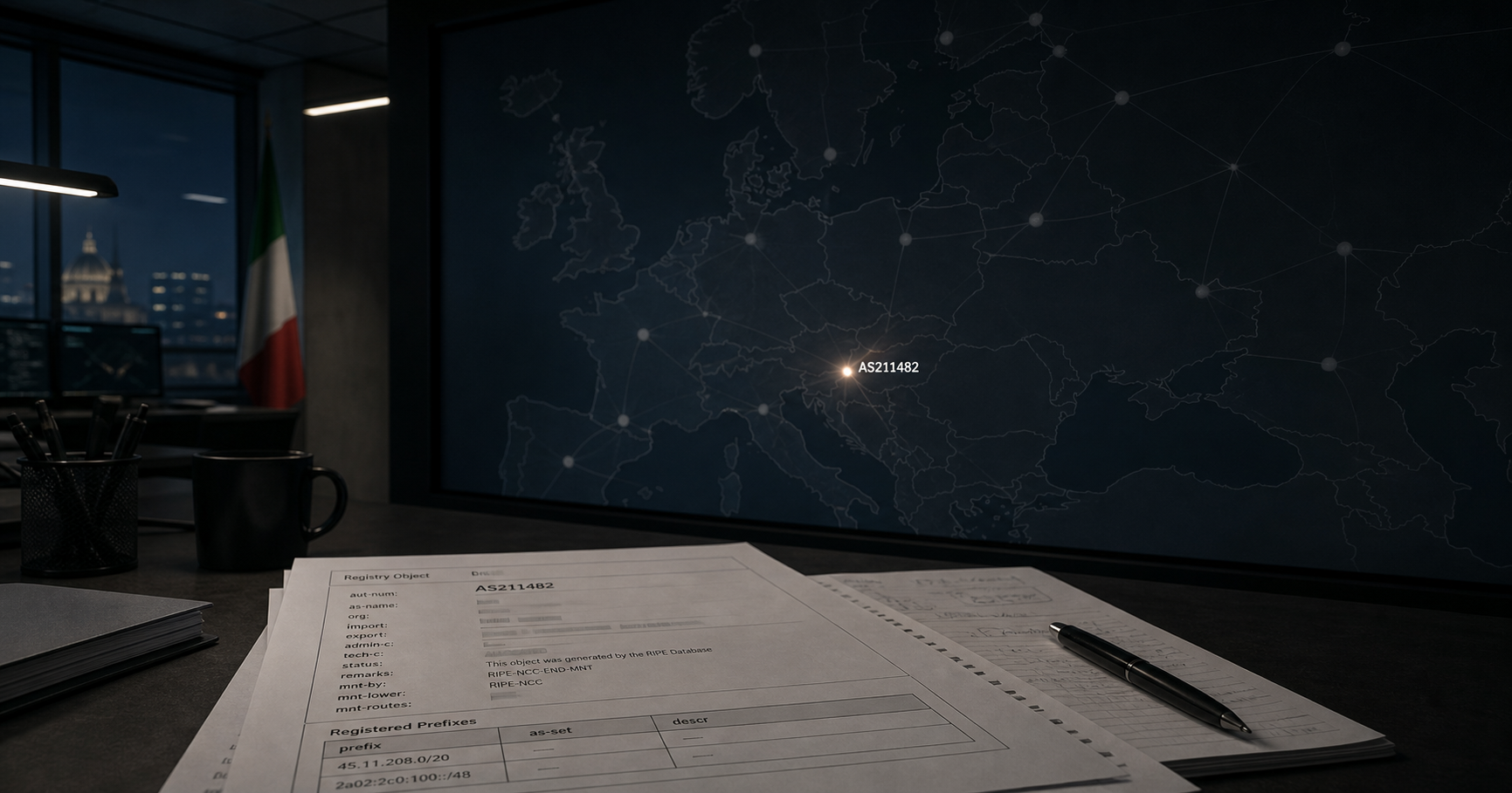 Illustration of a solitary network node on a dark map representing AS211482, with a registry document in the foreground.