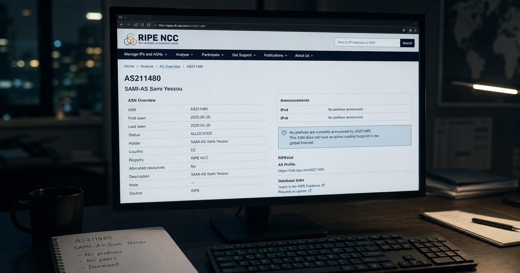 A dimly lit monitor showing the RIPE NCC registration page for AS211480, with the name SAMI-AS Sami Yessou visible.