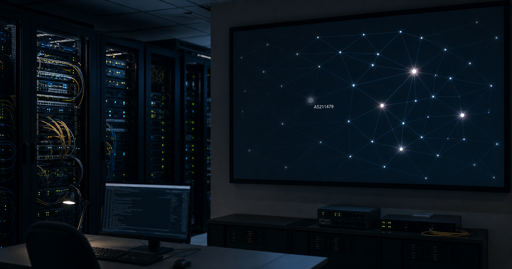 AI-generated editorial image for N0EMIS-AS Ember Keske showing the public operating context described by verified sources: The entity holds AS211479 according to RIPE NCC records but has no announced IP prefixes, no website, no PeeringDB entry, and no public contacts.