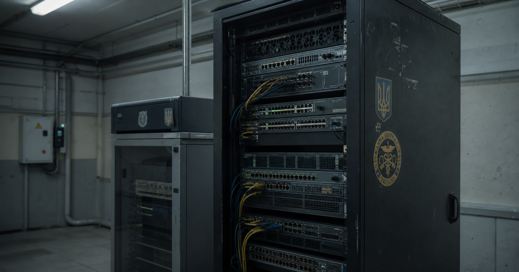Dormant customs network equipment rack in a dim government server room, evoking latent infrastructure potential.