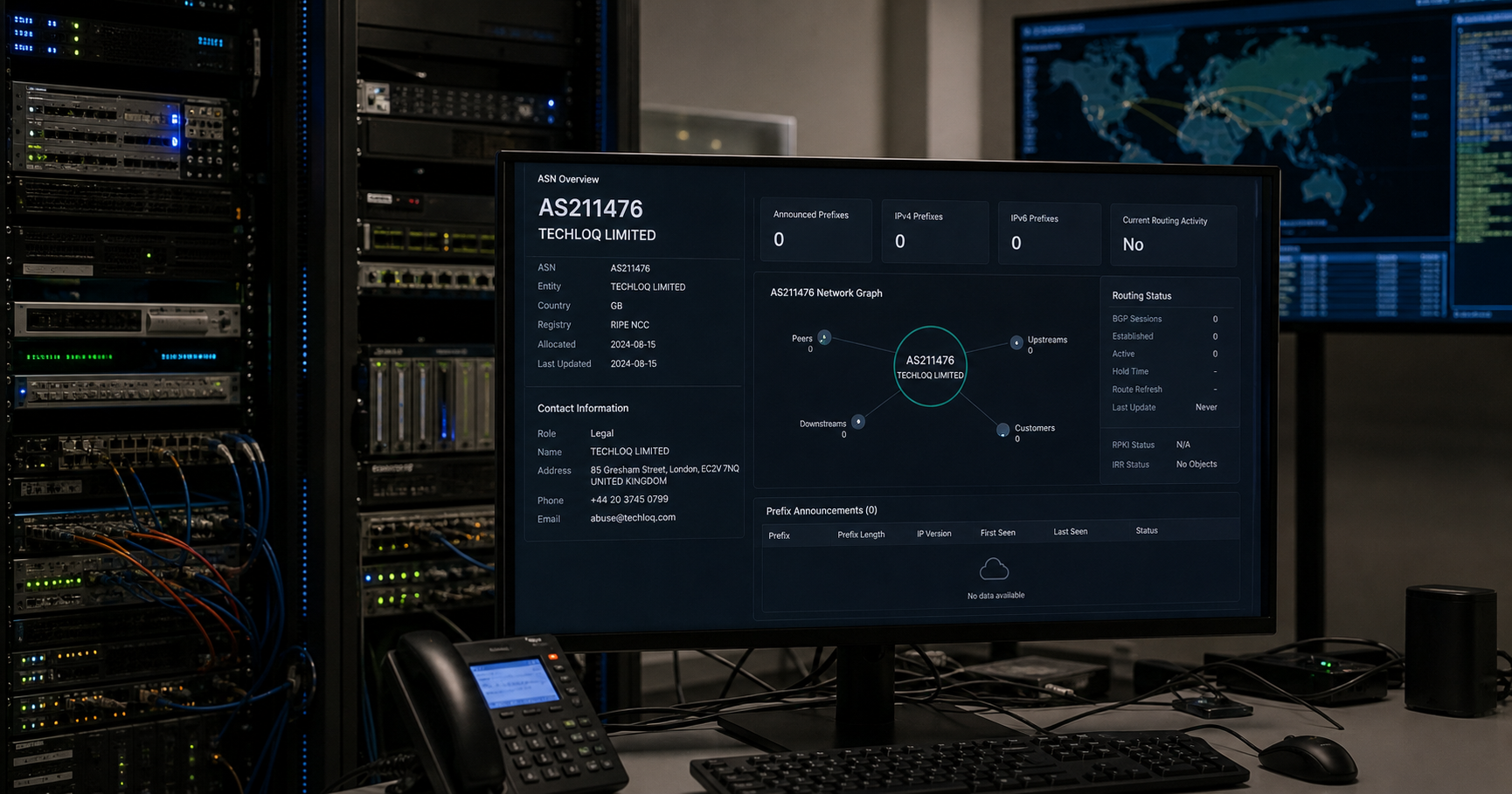 A futuristic network monitoring screen displaying a registry record for AS211476 with a magnifying glass highlighting the field 'Announced Prefixes: 0', set in a dark server room with blinking routers.