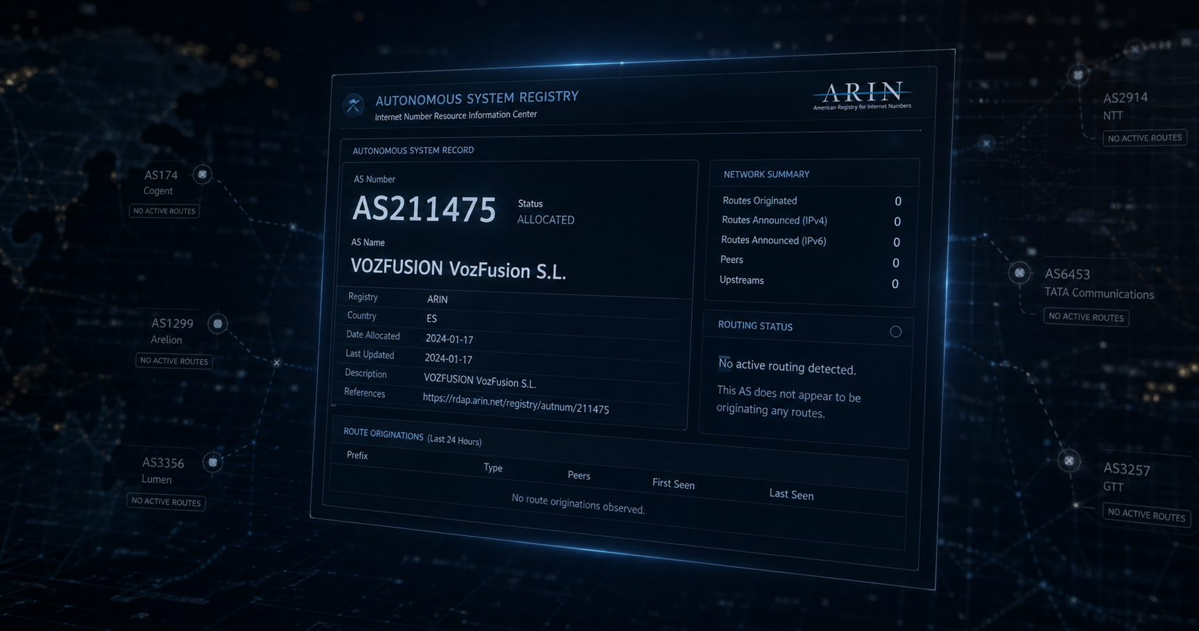 A digital representation of a registry record for AS211475, softly illuminated in a dark cyberspace, with empty routing panels implying dormant potential.