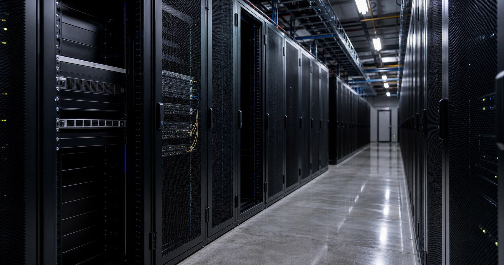 A dimly lit data center hallway with empty server racks; one rack is labeled 'AS211474 Safey Safey AS' with a blinking amber LED.