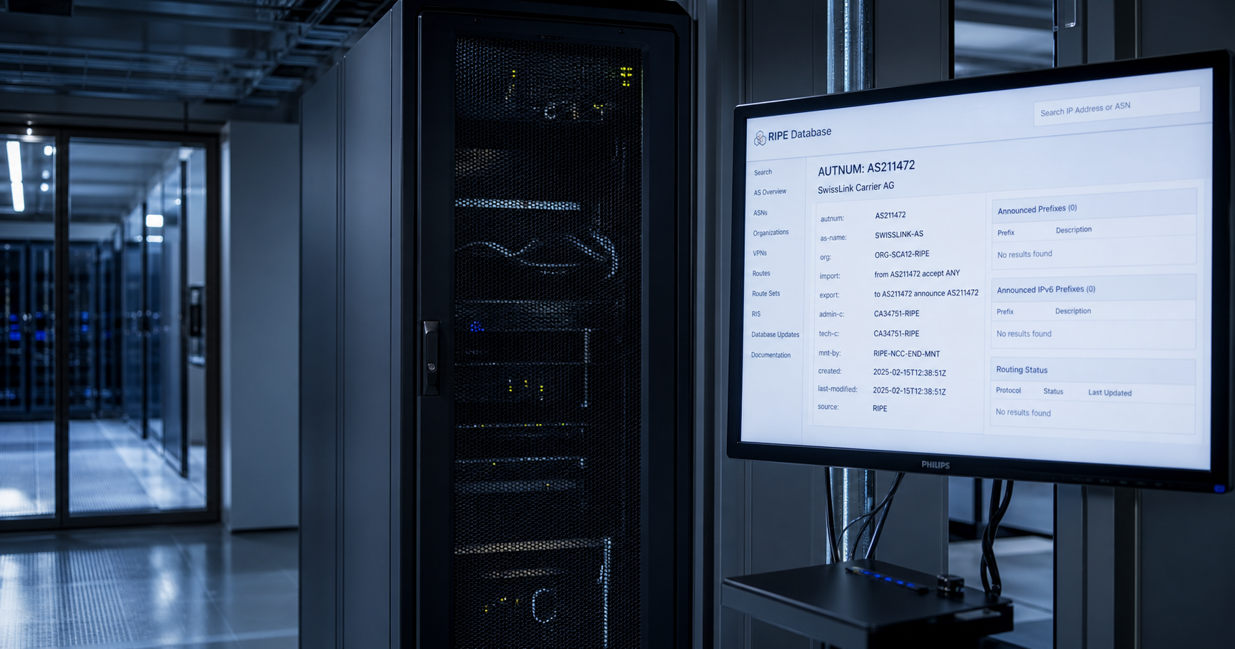 AI-generated editorial image for SwissLink-AS SwissLink Carrier AG showing the public operating context described by verified sources: The entity acts as the administrative and technical point of contact for AS211472, a resource registered with the RIPE NCC.