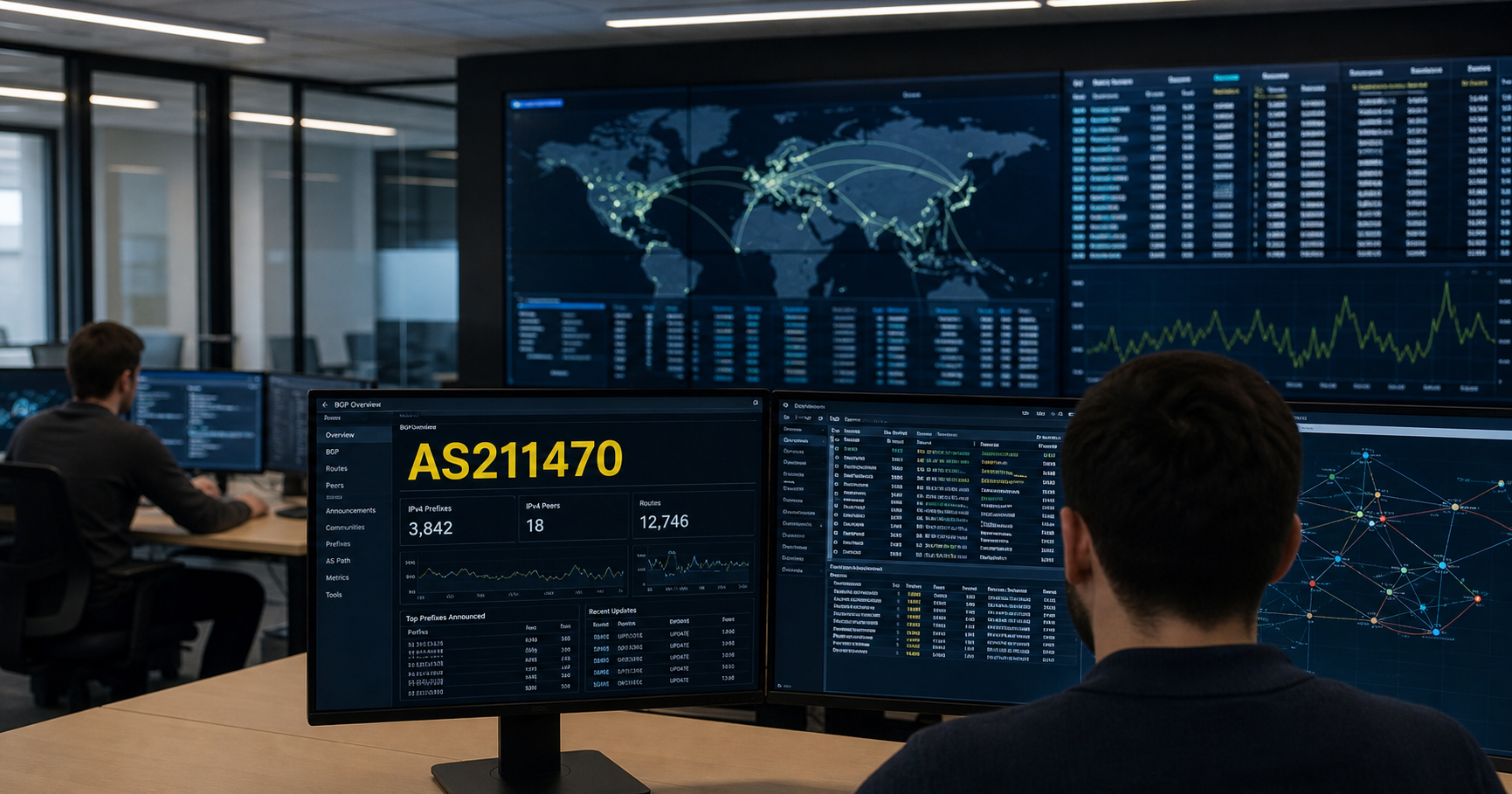 Network operations screen displaying BGP routing data with autonomous system AS211470 highlighted.