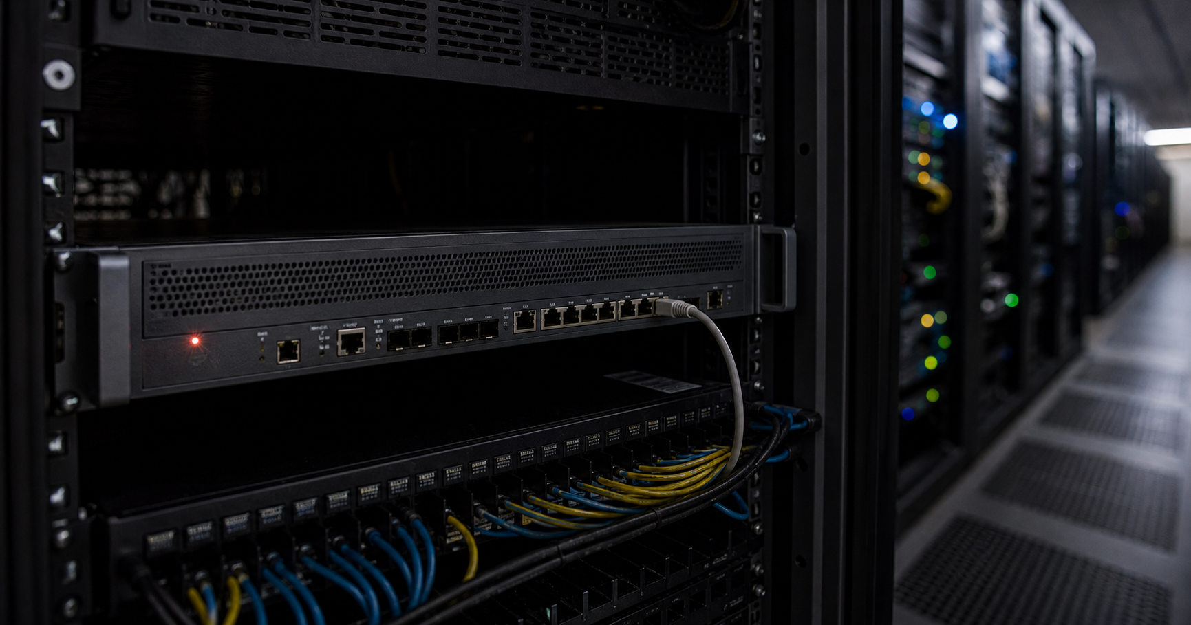A dark server room with an idle router; a monitor displays the RIPE NCC registry page for AS211468 held by KOSNET KOSNET Telecommunications LLC.