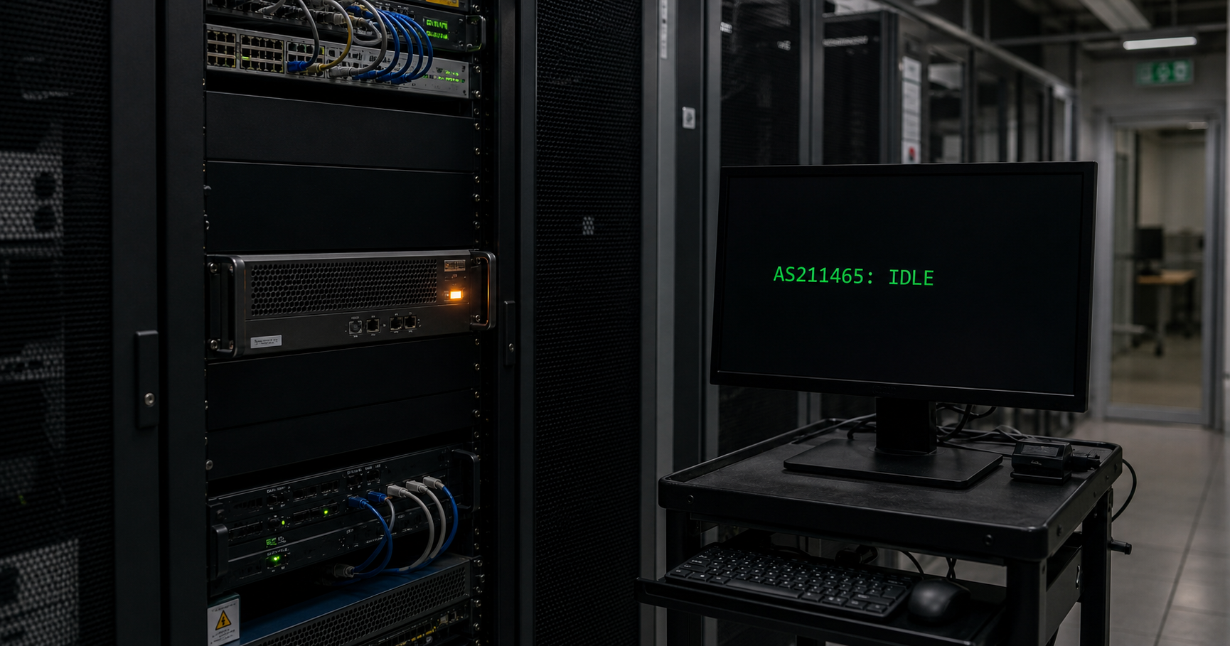 A dimly lit server room with a rack-mounted unit showing a blinking orange light, and a monitor displaying 'AS211465: IDLE' in green.
