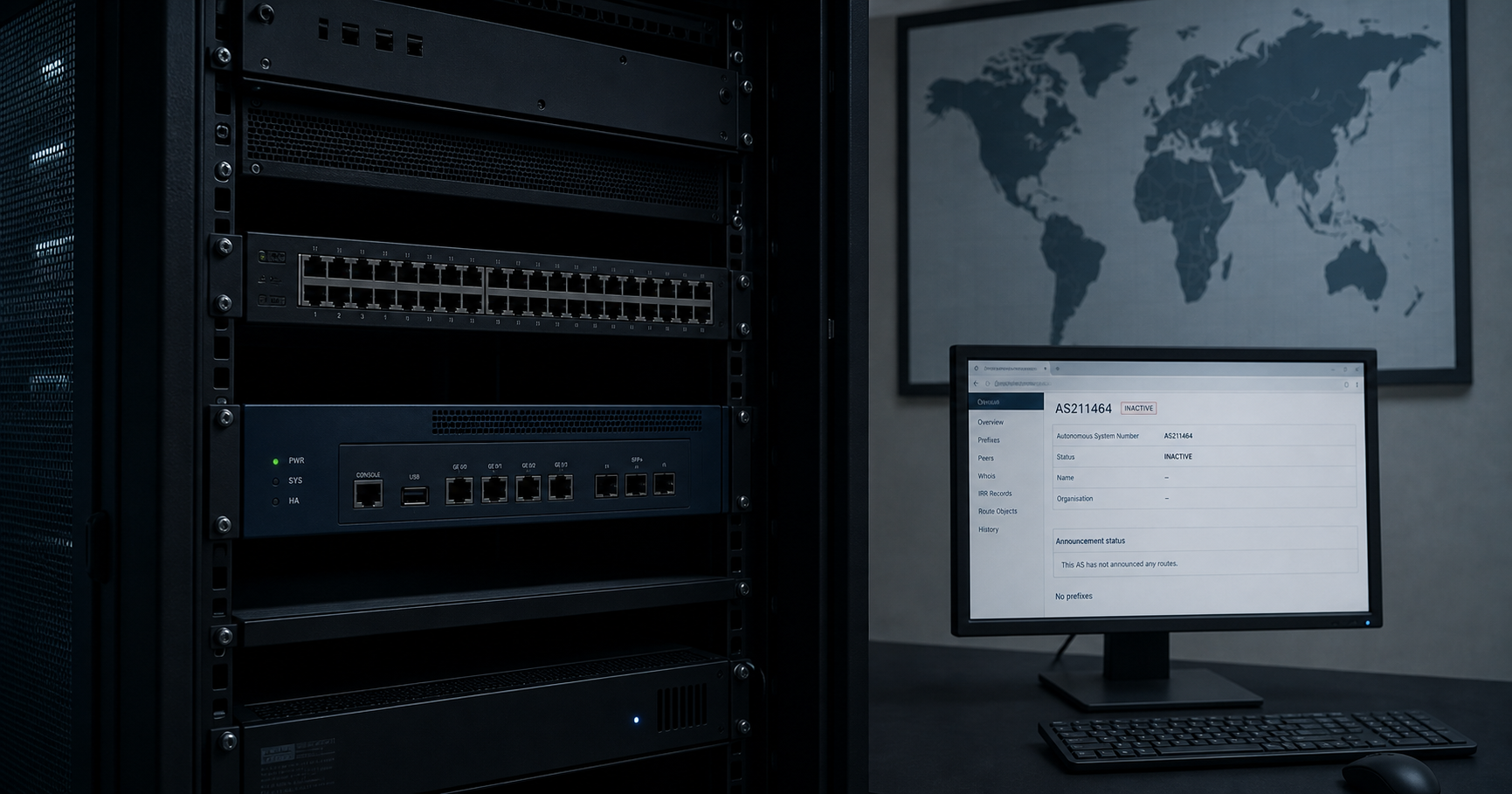 A dimly lit server room with a single rack and inactive network equipment, symbolizing the dormant status of AS211464.