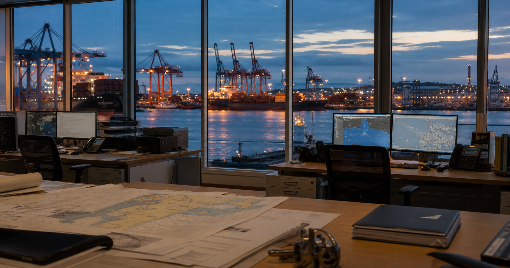 AI-generated editorial image for MaerskBrokerDK MB Shipbrokers A/S showing the public operating context described by verified sources: The entity serves as the registrant of AS211457, a dormant BGP identifier with no active prefix announcements.