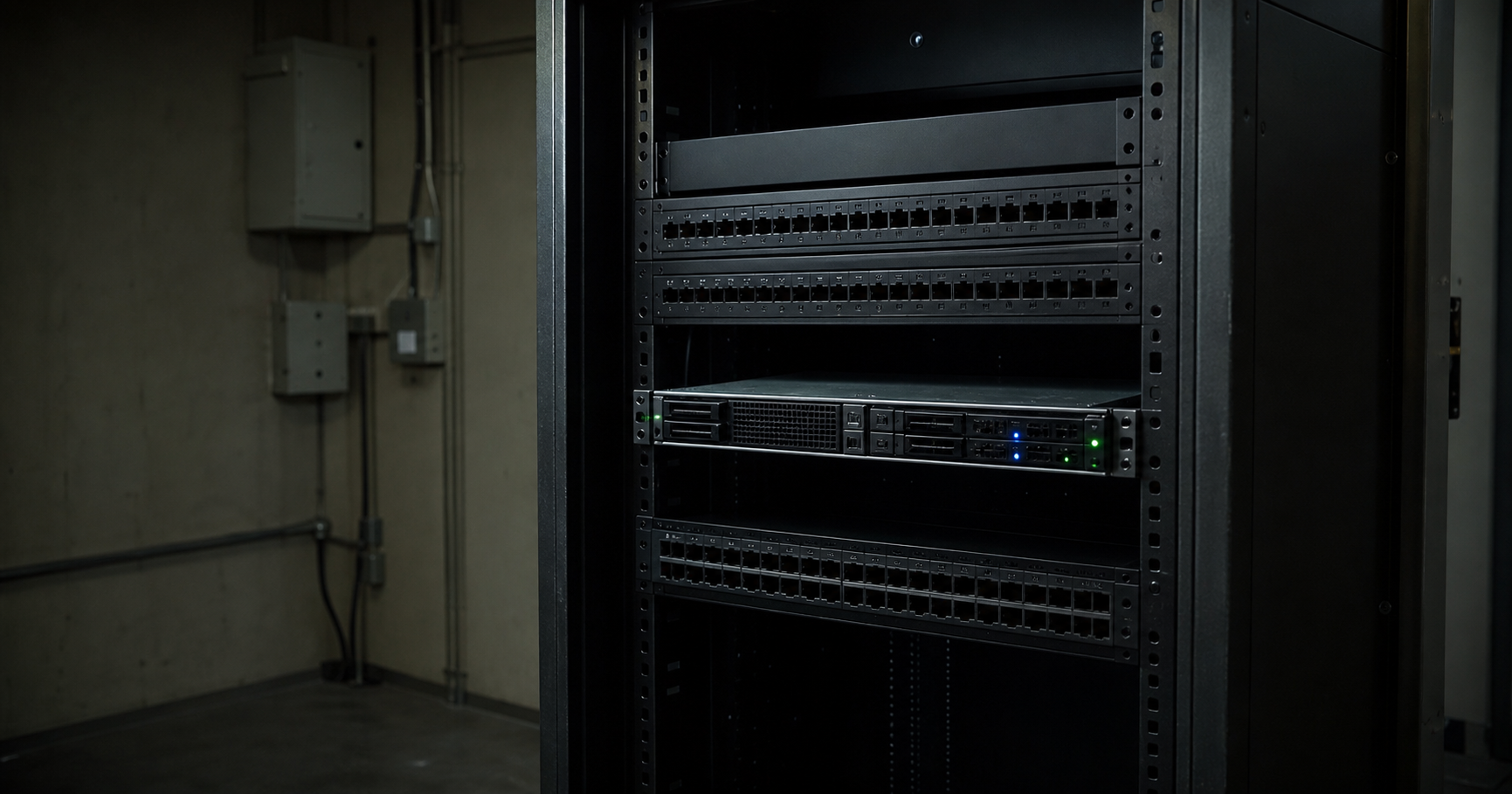 A dimly lit server room with a single rack containing a server labeled AS211455, all network ports inactive, dust on the console, blue light casting shadows.