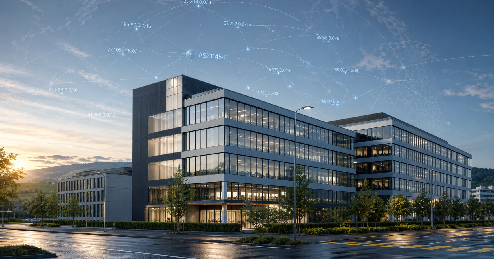 A modern office building in Cham, Zug, with subtle network data representations overlaid in the sky, symbolizing the dormant ASN of a non-tech company.