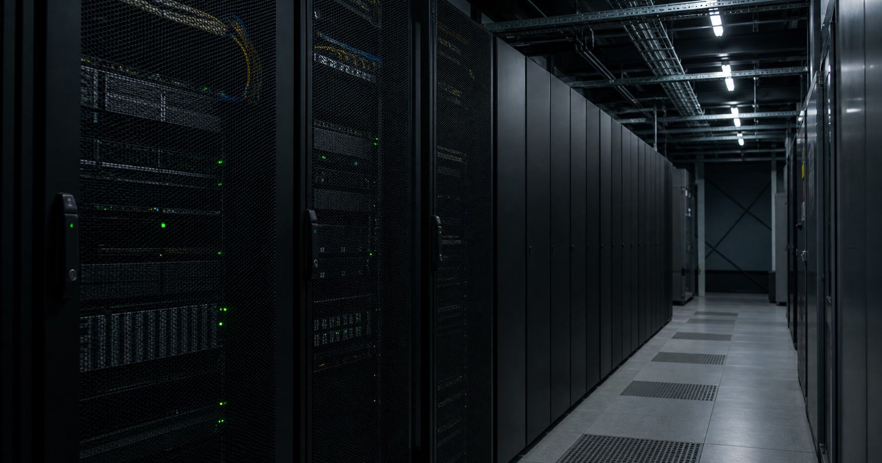 A dim server room with a single rack; a network switch shows only an amber power LED, no activity lights, with a capped fiber cable on the floor, symbolizing dormant infrastructure.