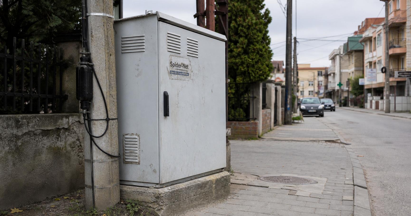 A telecommunications street cabinet in Gevgelija, North Macedonia, with a faded Spider-Net sticker, fiber-optic cables entering, and a technician testing signal levels.