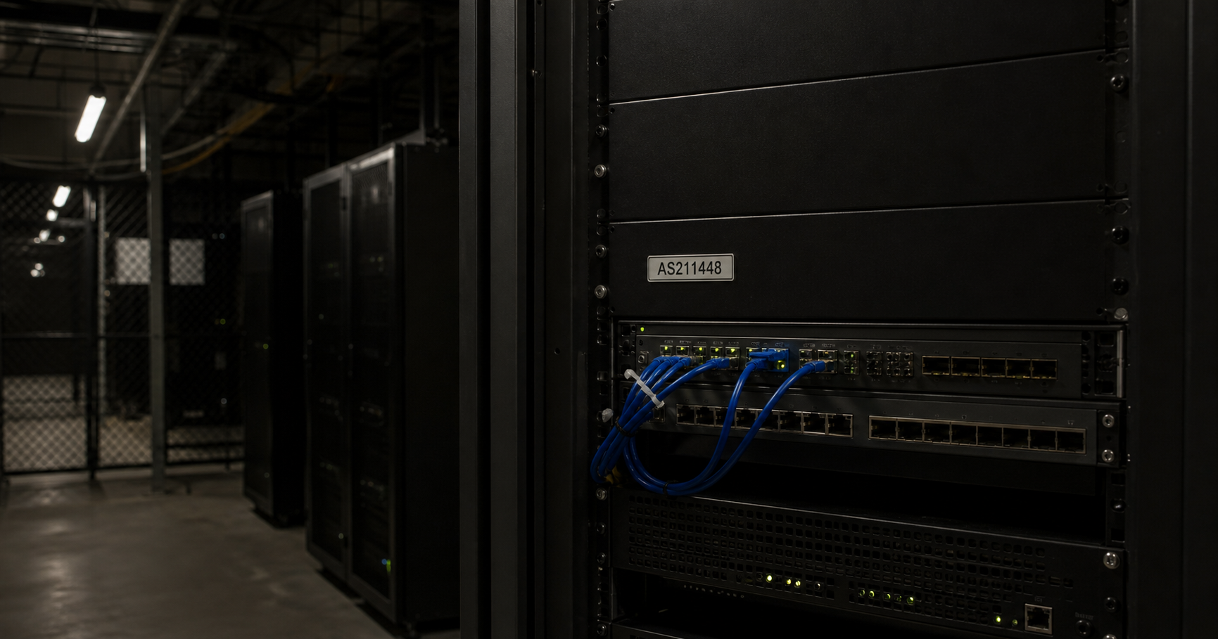 A dimly lit server rack with glowing blue network cables labeled with AS211448.
