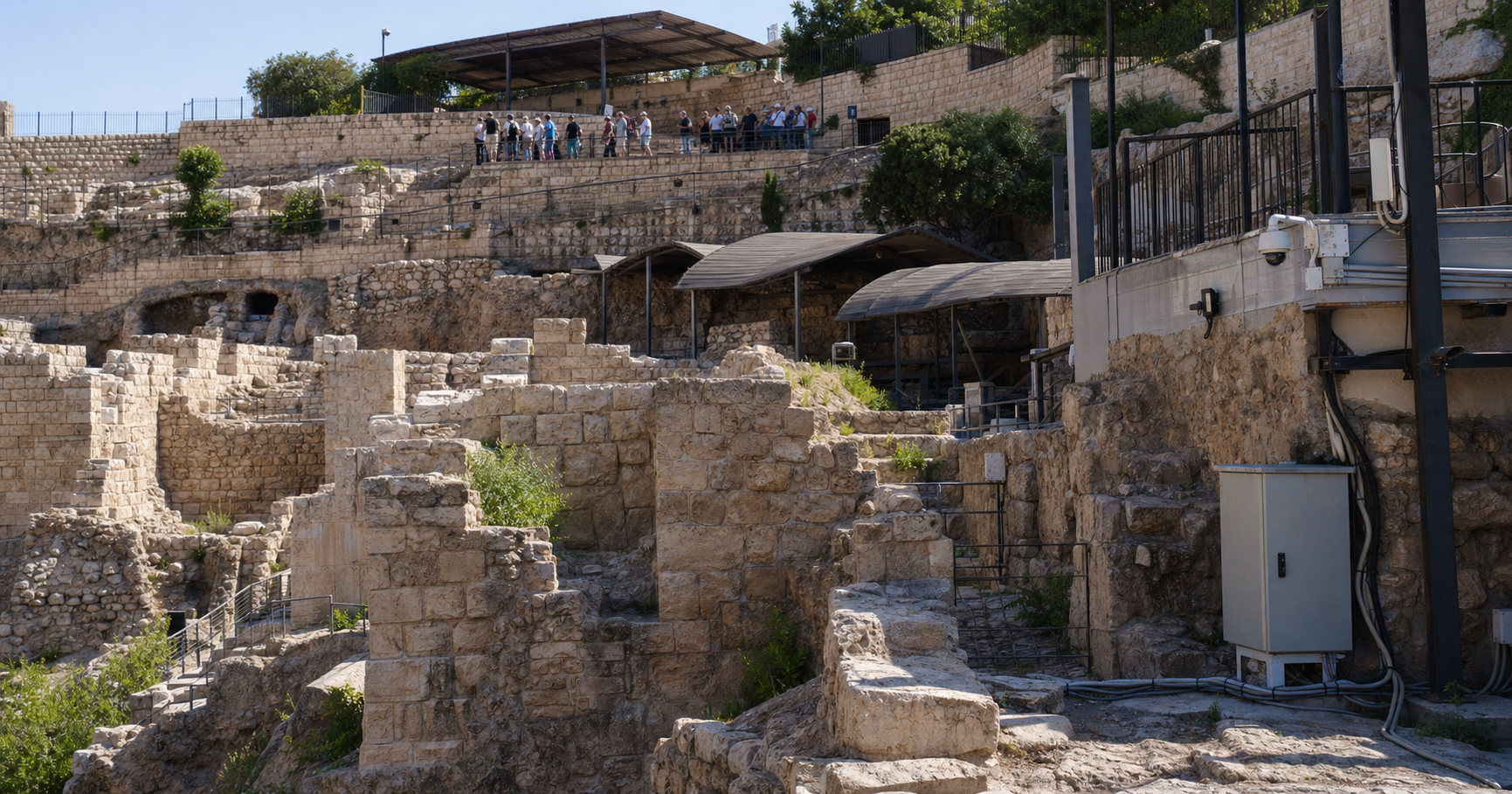 City of David excavation site with transparent digital network data overlay, illustrating the hidden internet infrastructure supporting tourism operations.