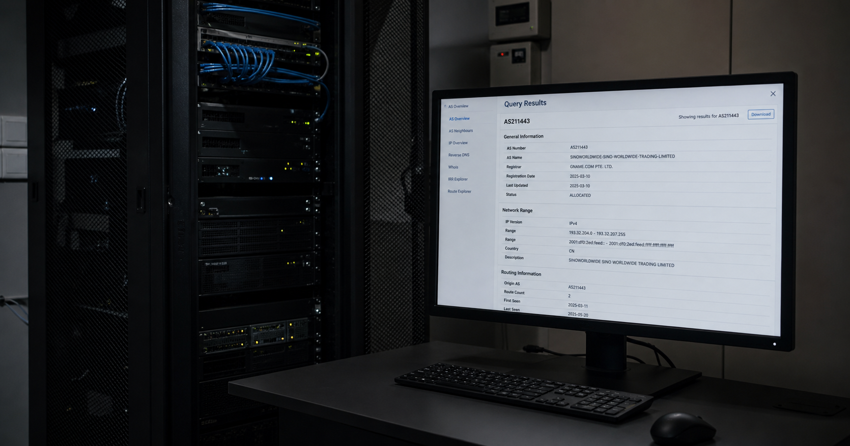 A conceptual rendering of a dormant, unplugged network rack representing AS211443's registry-only status.