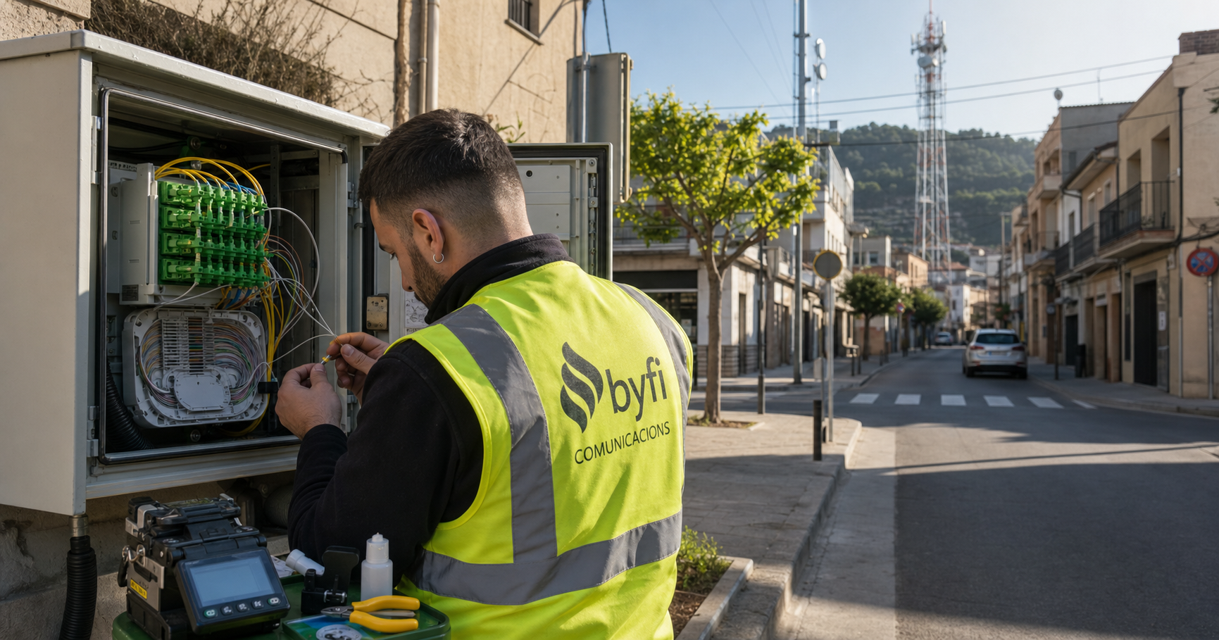 Byfi technician works on fiber cabinet in Catalan town, with BGP monitor on laptop.