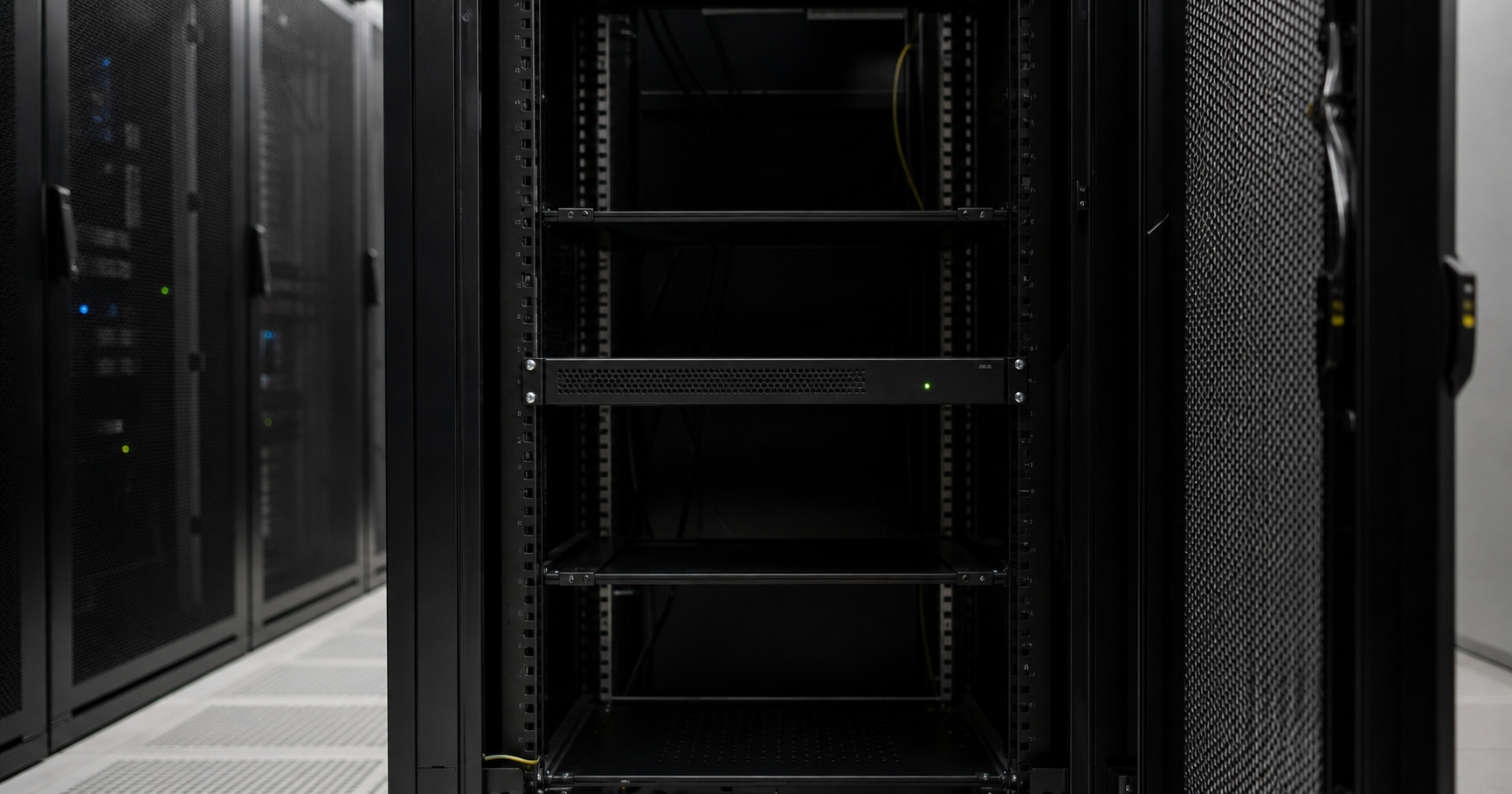 An empty server rack with a single illuminated LED, symbolizing the dormant autonomous system AS211440 held by Internet-5 Karolio IT paslaugos, UAB.