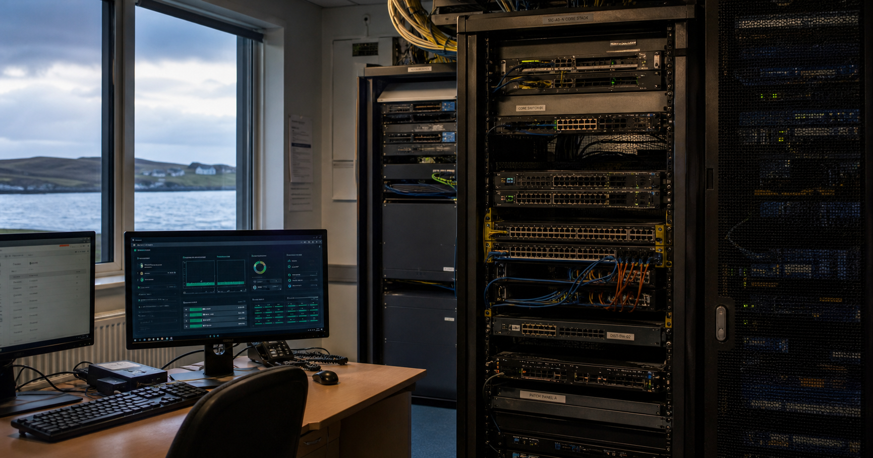 Dormant network equipment in a Shetland Islands council communications room, with a map on the wall and a single amber light blinking.