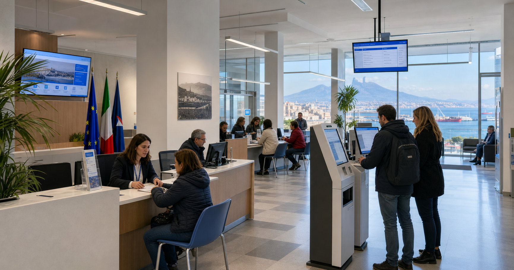 A public service center in Campania with a digital kiosk showing the Regione Campania logo.