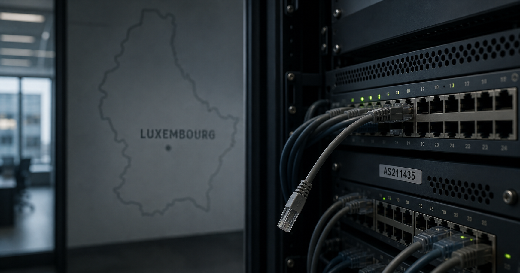 A dimmed network node icon labeled AS211435 floats above a stylized map of Luxembourg, with no lit connections.