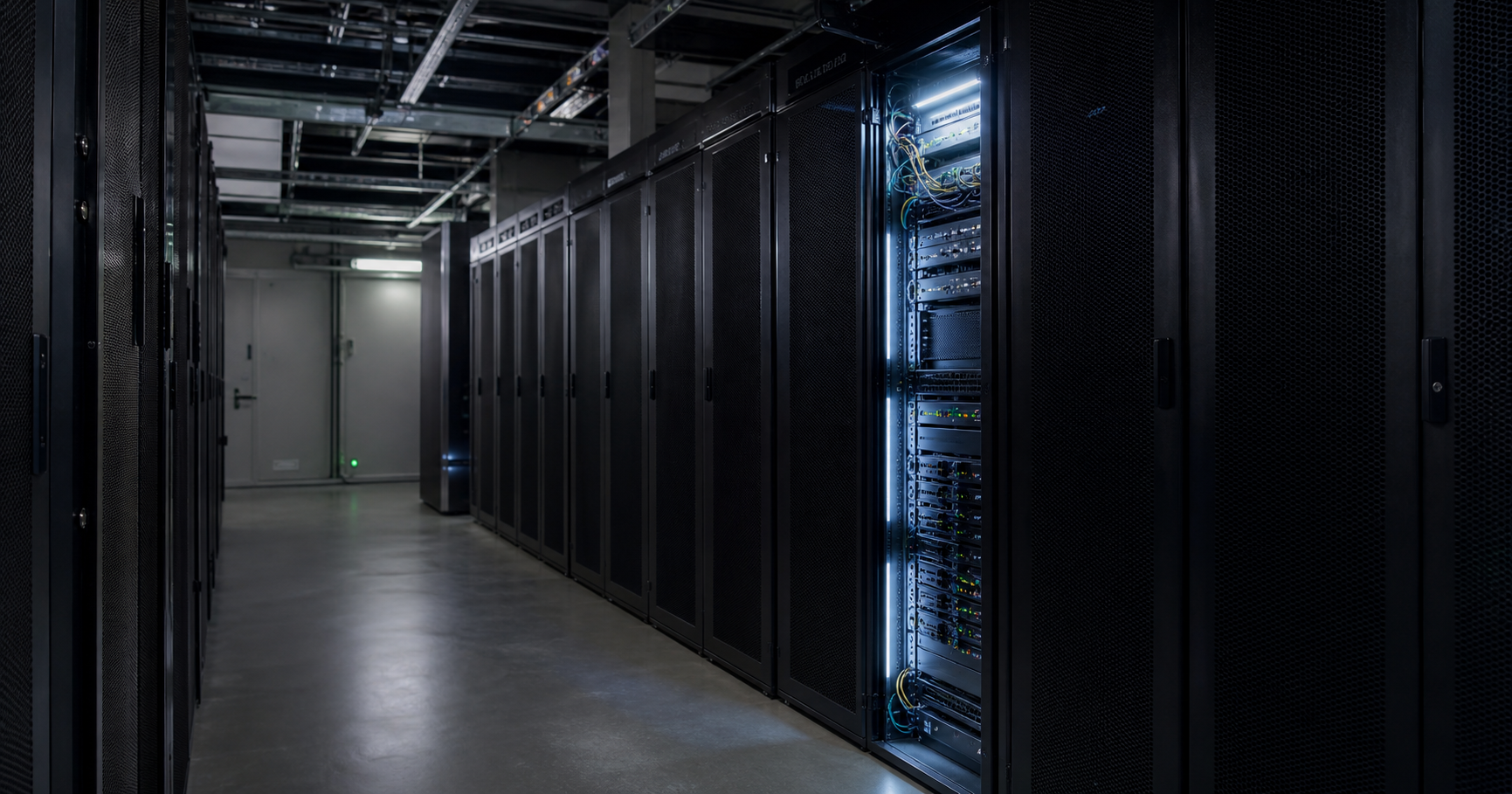 A server room with mostly dark, unused racks symbolizing a dormant network entity.