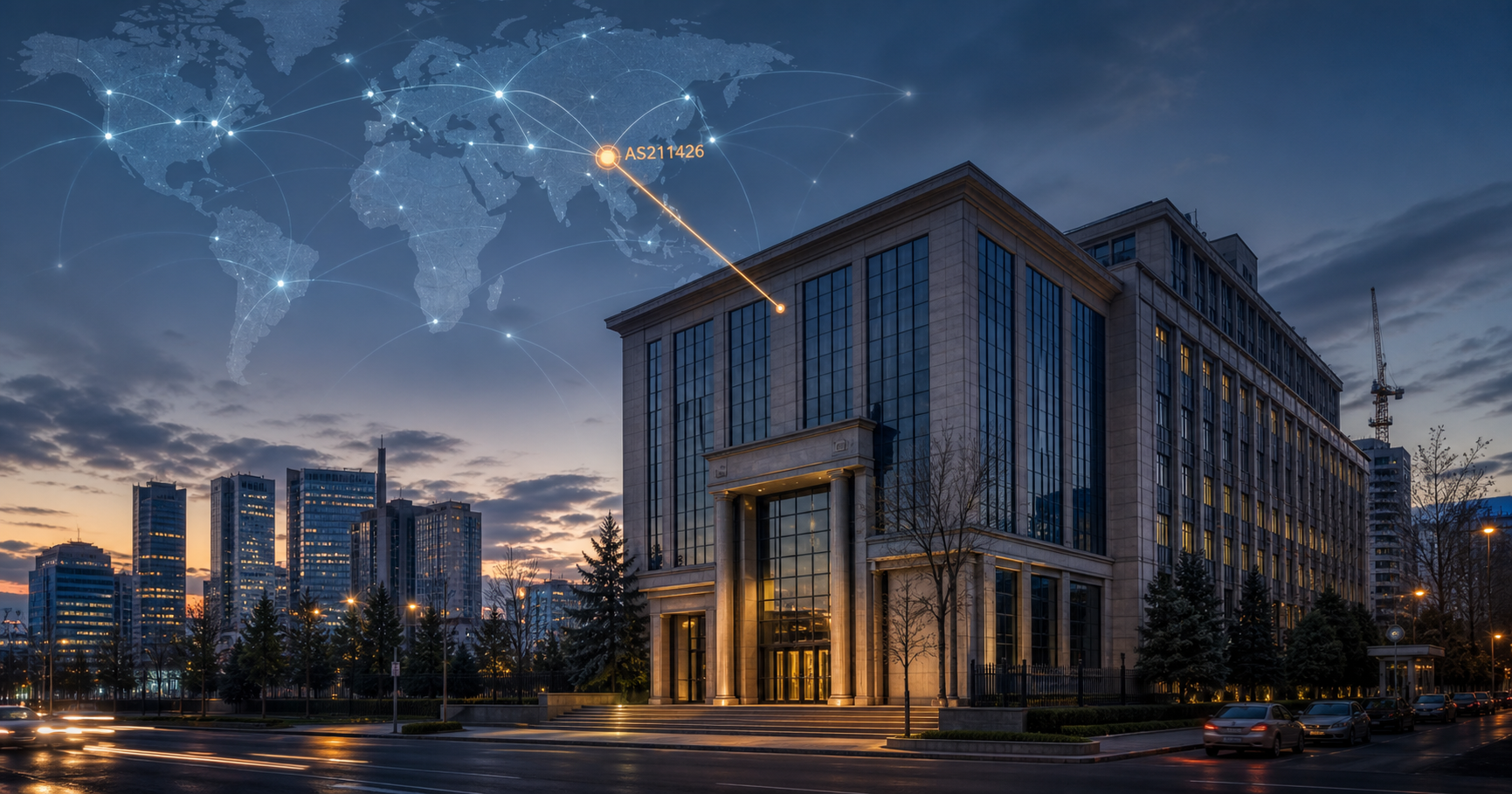 AI-generated editorial image for silkroadbank Silk Bank JSC showing the public operating context described by verified sources: The subject’s public role is solely that of an ASN holder visible in the RIPE registry.