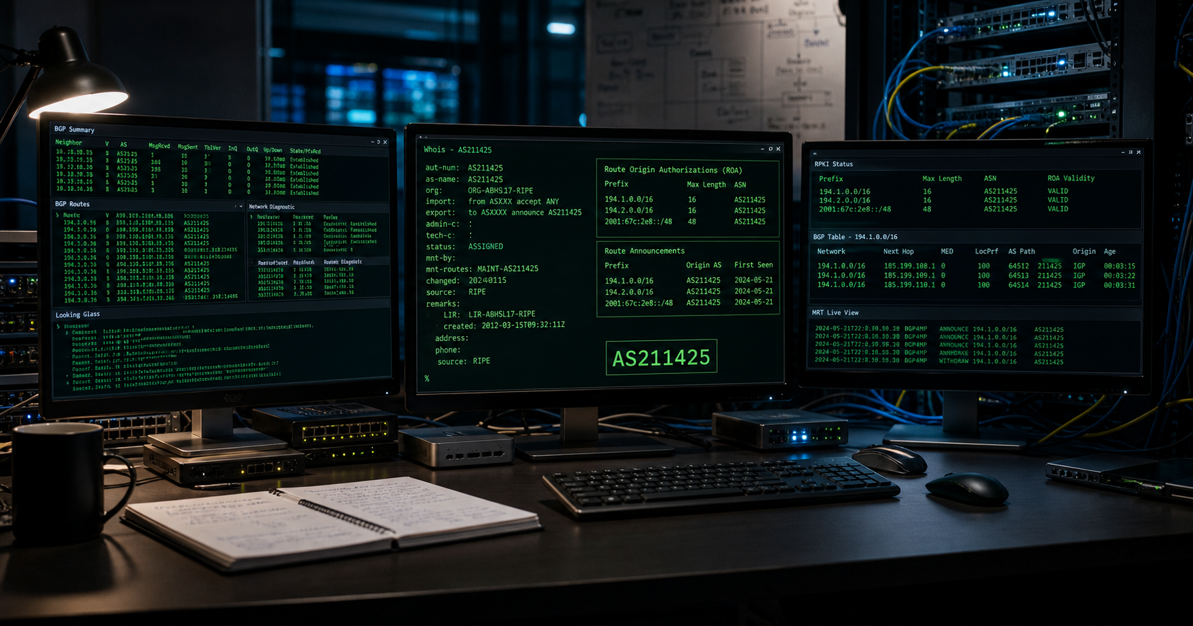 Editorial illustration of a network operations center desk with multiple monitors showing routing tables and the AS211425 identifier, emphasizing monitoring and dormant infrastructure potential.