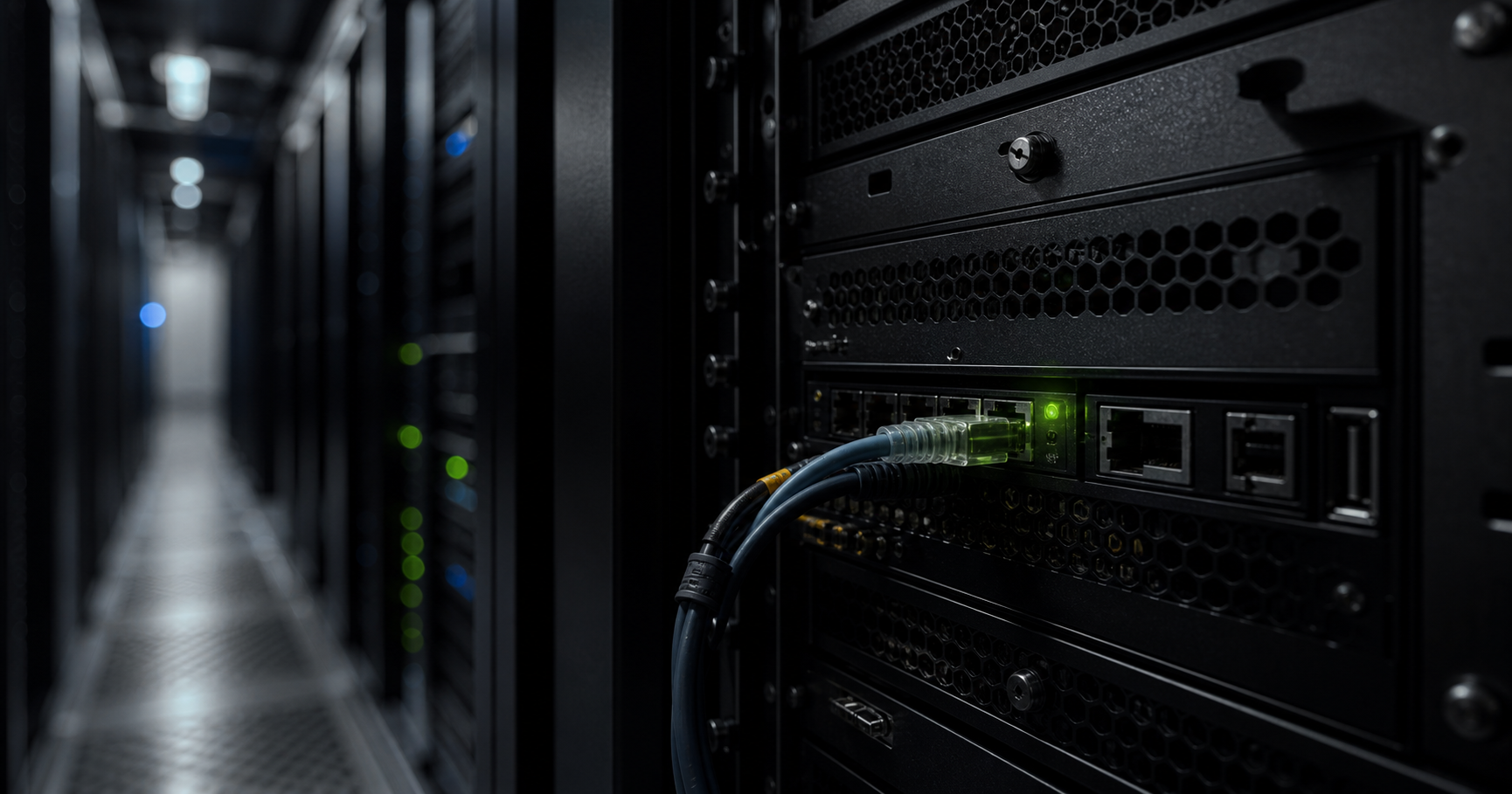 A network rack in a dark room, symbolizing an unverified registry entity.