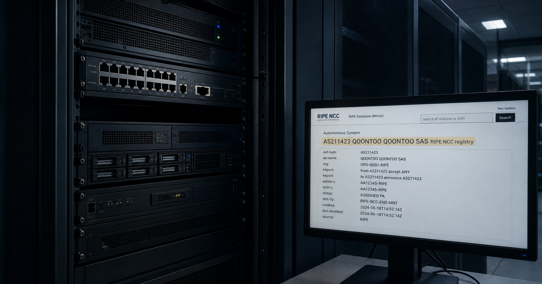 A dimly lit server room with a single rack, a monitor displaying RIPE NCC registry data for AS211423, QOONTOO QOONTOO SAS highlighted.