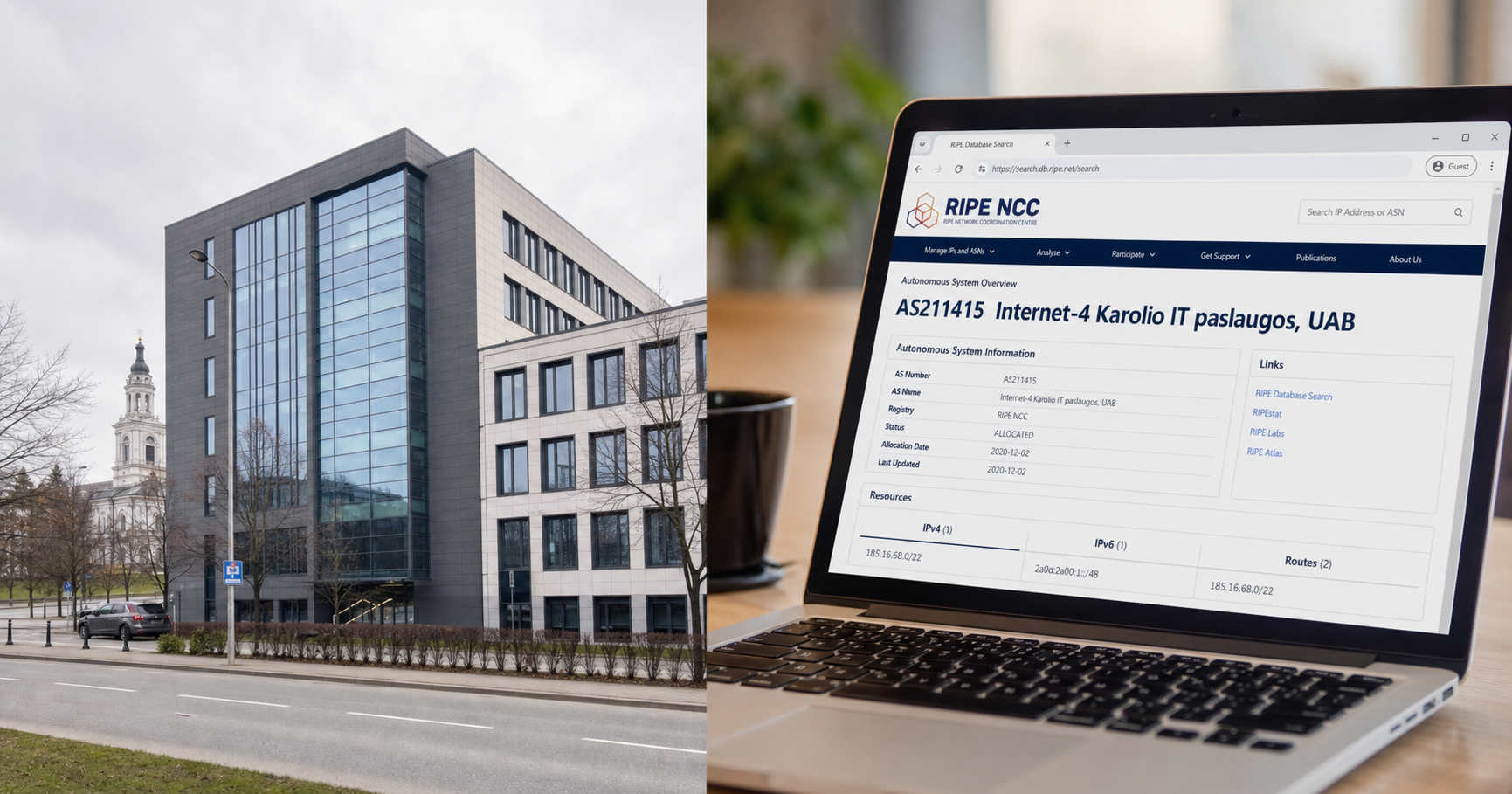 Documentary-style scene of a modern office building in Lithuania, representing the possible headquarters of Internet-4 Karolio IT paslaugos, UAB, with a laptop screen displaying RIPE NCC database information for AS211415 in the foreground.