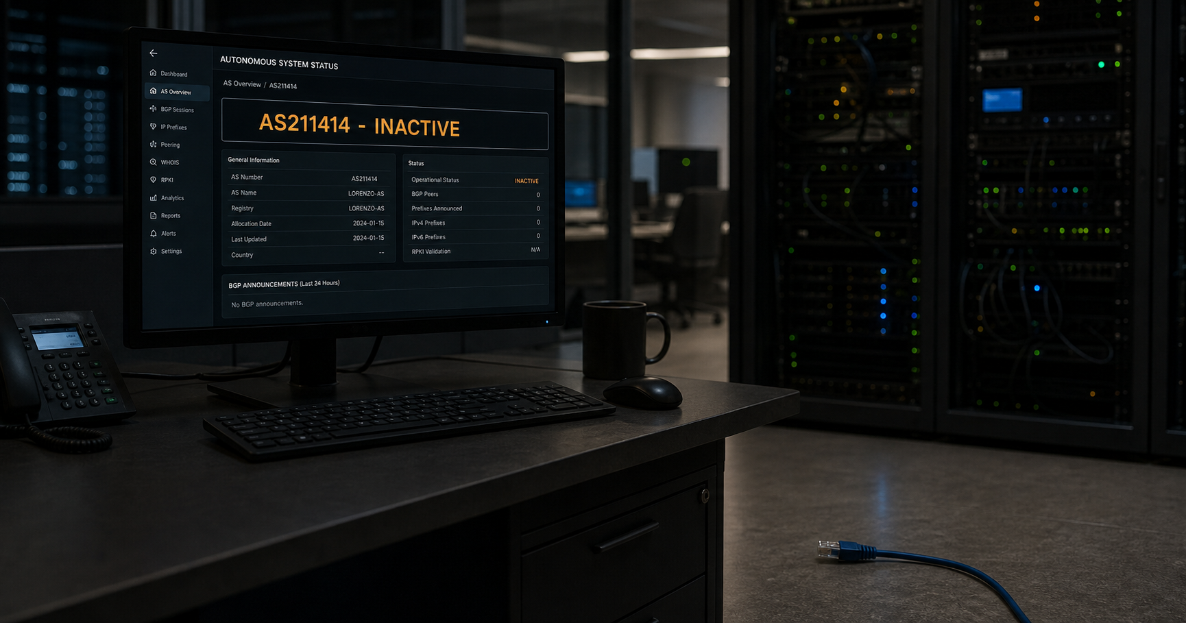 A dimly lit network operations center with a single monitor showing an autonomous system status panel displaying 'AS211414 - INACTIVE' in amber text, while an unplugged network cable lies across the floor, symbolizing dormant infrastructure potential.