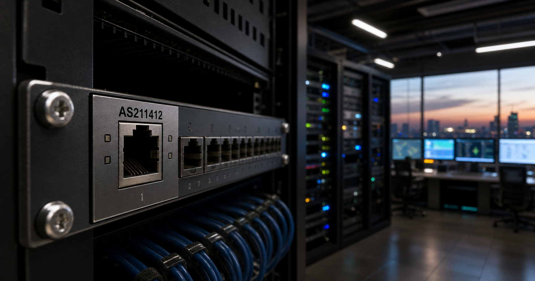 A digital artwork showing a single glowing fiber port labeled AS211412 in standby mode within a dark network operations center, symbolizing a dormant autonomous system awaiting activation.