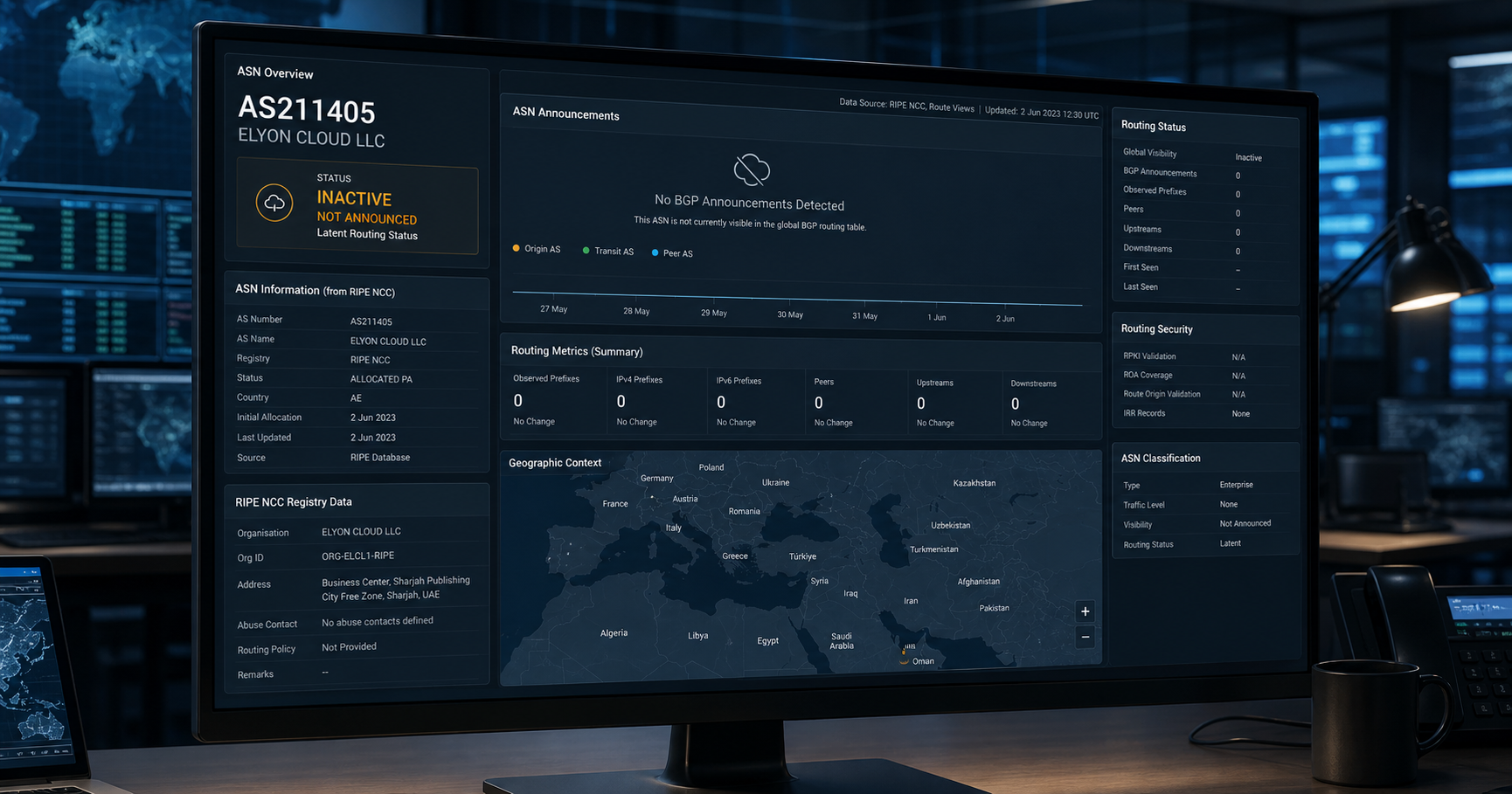 Editorial scene showing a network operations center screen displaying AS211405 in a RIPE Stat interface, with a world map highlighting the RIPE region and dormant network paths, conveying the latent potential of the unregistered autonomous system.