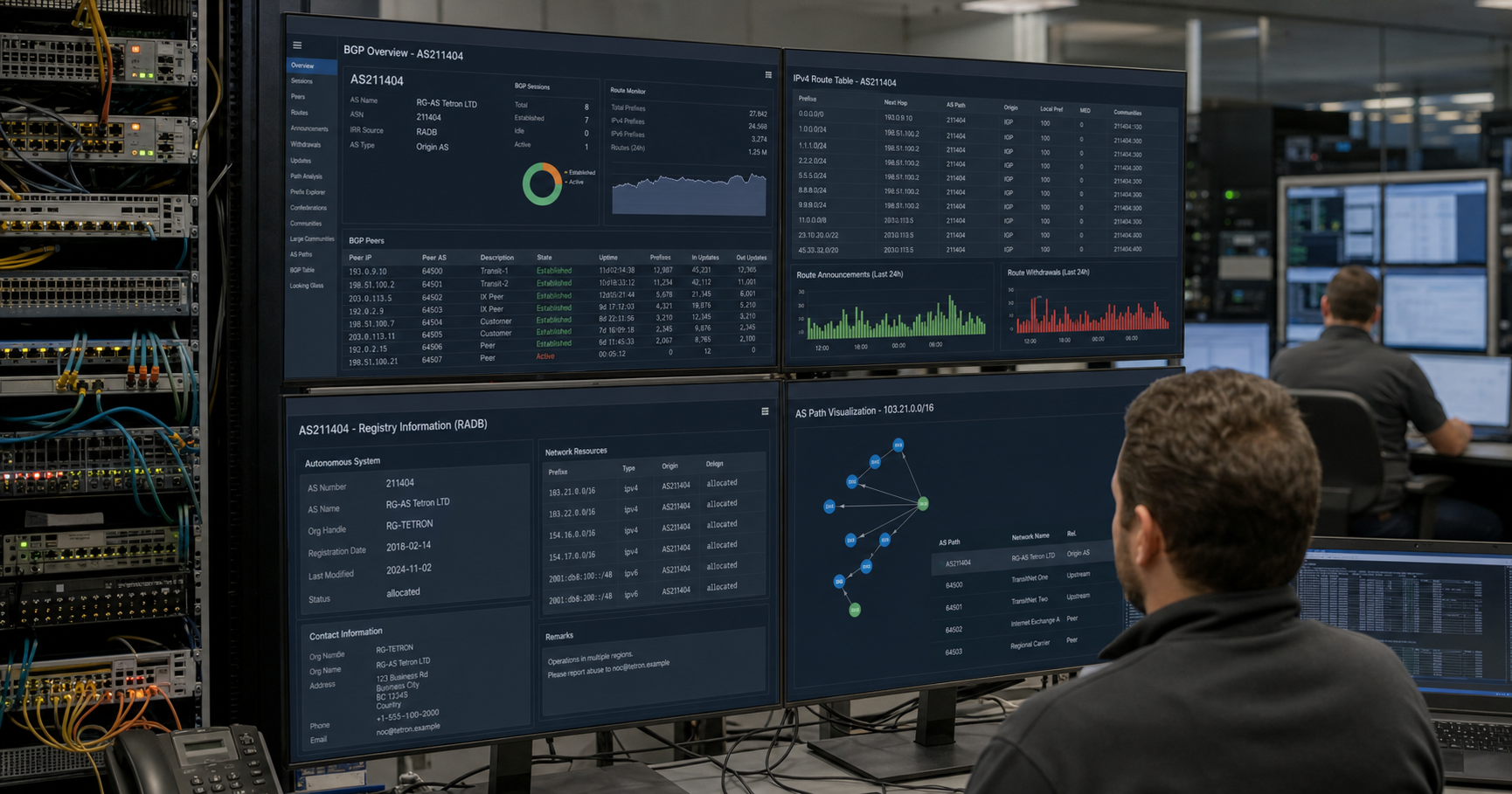 Network operations center monitoring screen displaying BGP routing data related to AS211404.