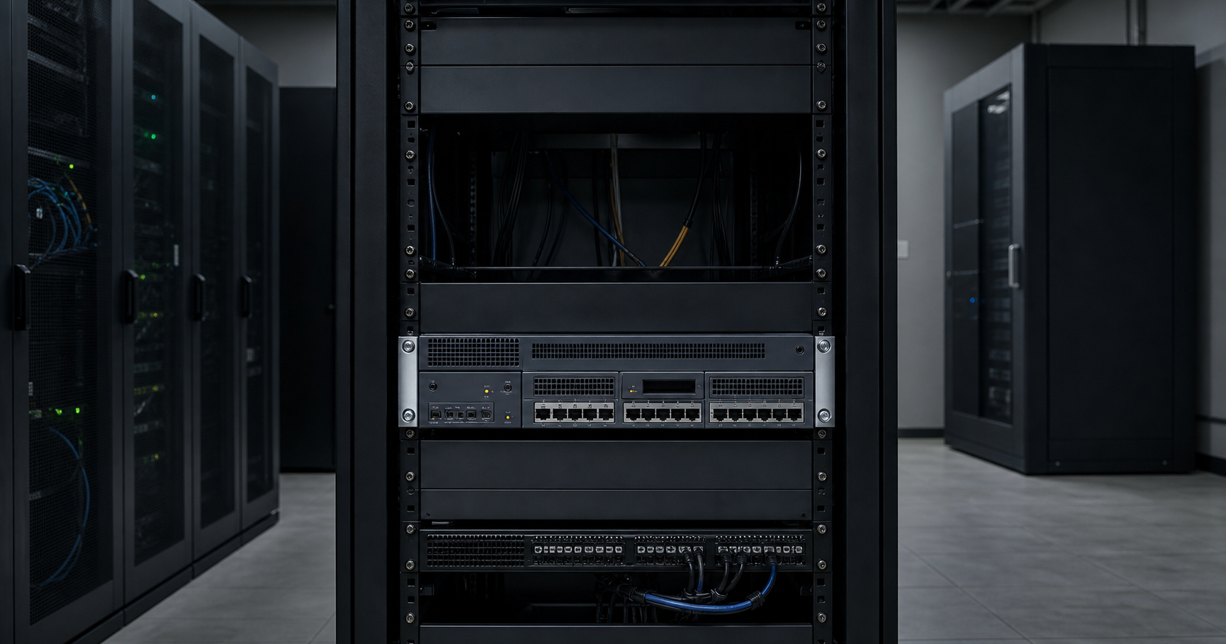 A dimly lit server room with a rack-mounted router labeled AS211397.