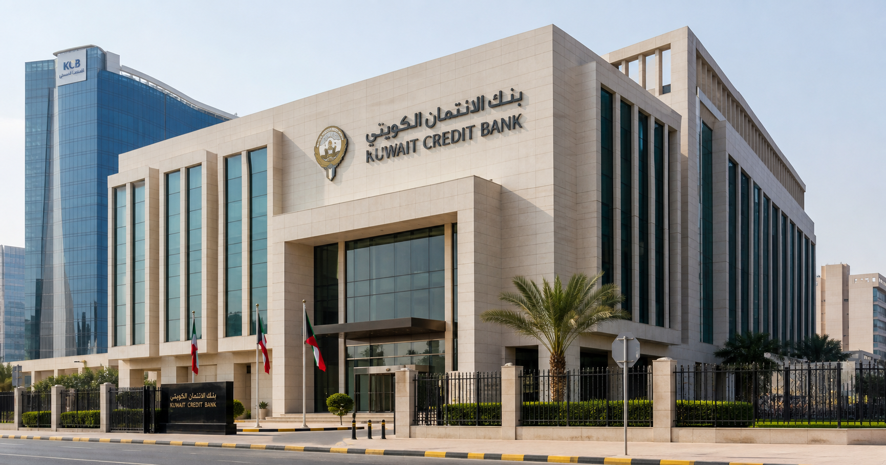 Exterior of Kuwait Credit Bank headquarters building with official signage.