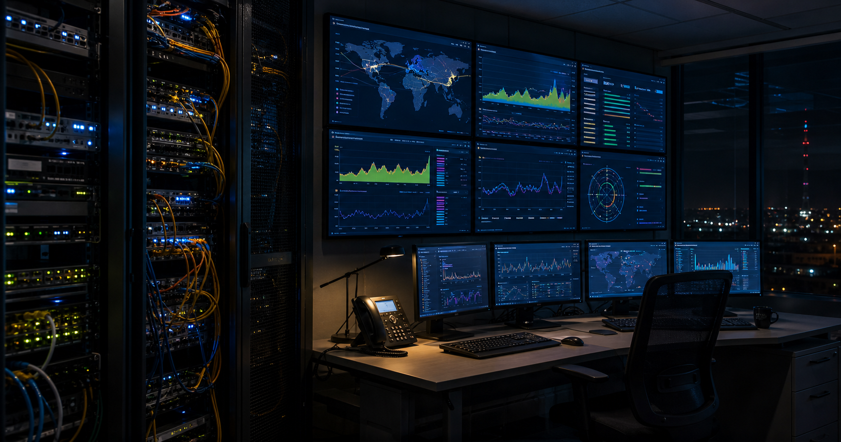 A network operations scene featuring a rack with a monitor displaying a dashboard labelled AS211393 and VITRIFINET Vitrifi Limited, soft blue lighting emphasizing monitoring and latent routing control.