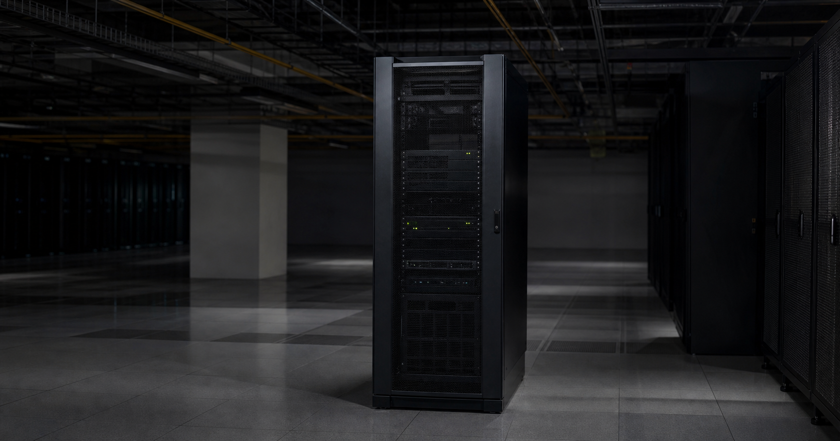 A dimly lit data center with a dormant server rack labeled AS211392, fiber cable unplugged, and an empty BGP routing table on a monitor.