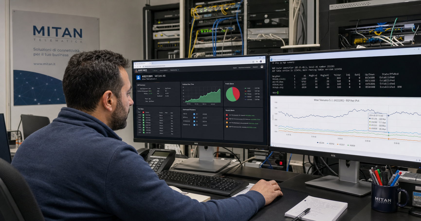 A network engineer in a small operations room monitors BGP feeds for AS211391 on dual monitors, with the Mitan Telematica logo on a wall poster.