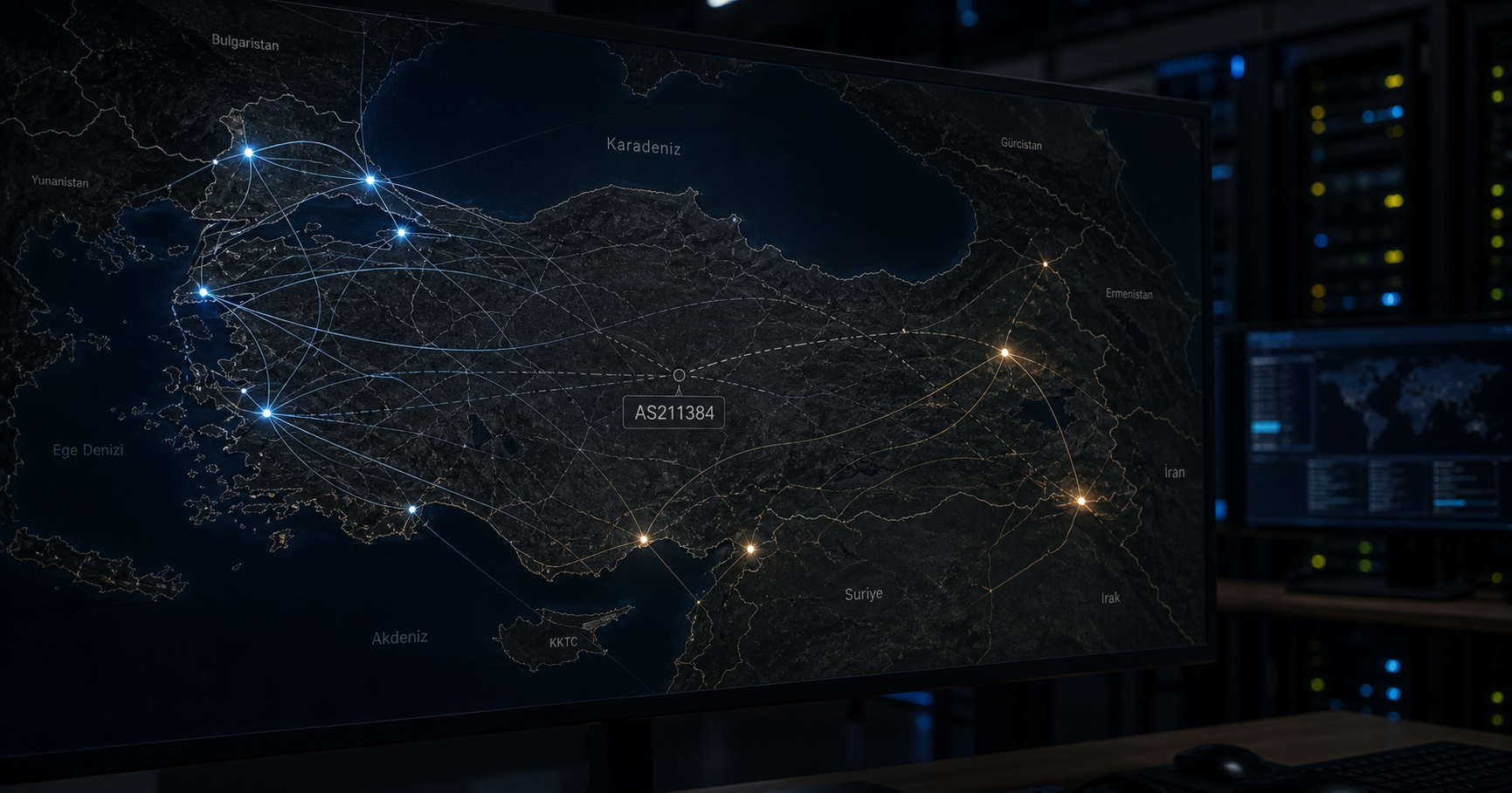A stylized internet routing map with a dimmed node labeled AS211384, surrounded by glowing active connections, representing a dormant network entity.