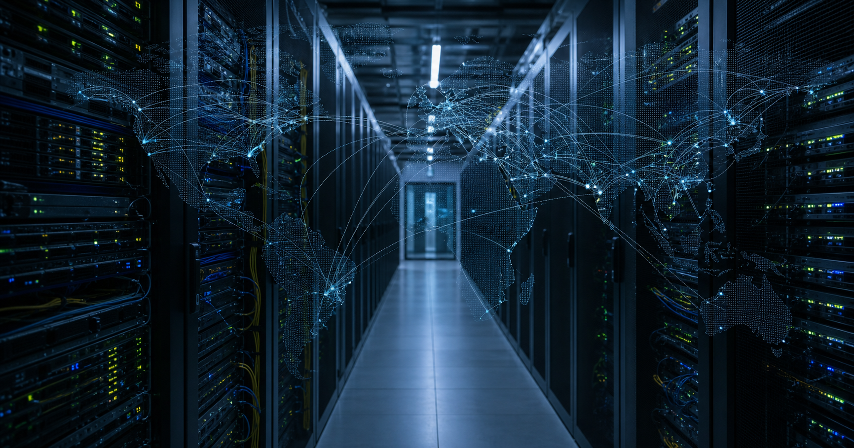 Dark data center hallway with server racks and faint global routing map overlay symbolizing dormant network potential.
