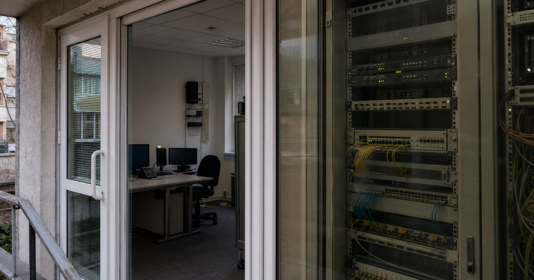 A dim server room scene with a network device showing faint amber LEDs and a floating AS211379 text, symbolizing a dormant autonomous system.