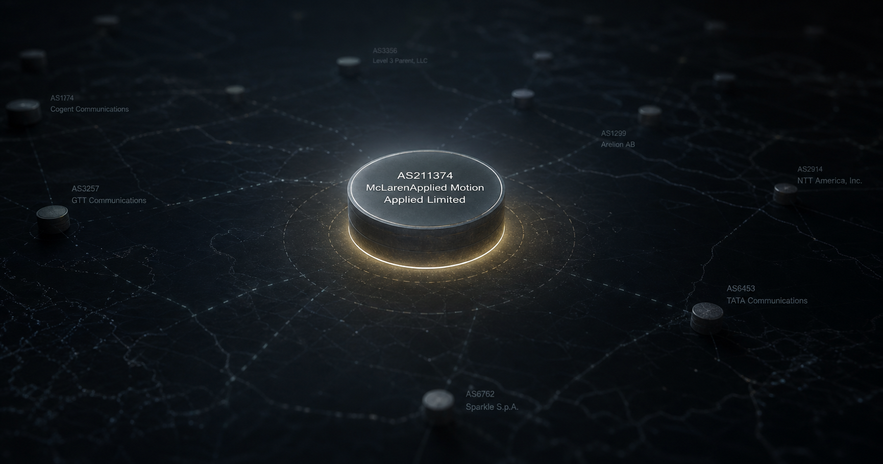 A 3D network node labeled AS211374 McLarenApplied Motion Applied Limited, shrouded in question marks with dashed lines suggesting possible connections, under a magnifying glass revealing registry text.