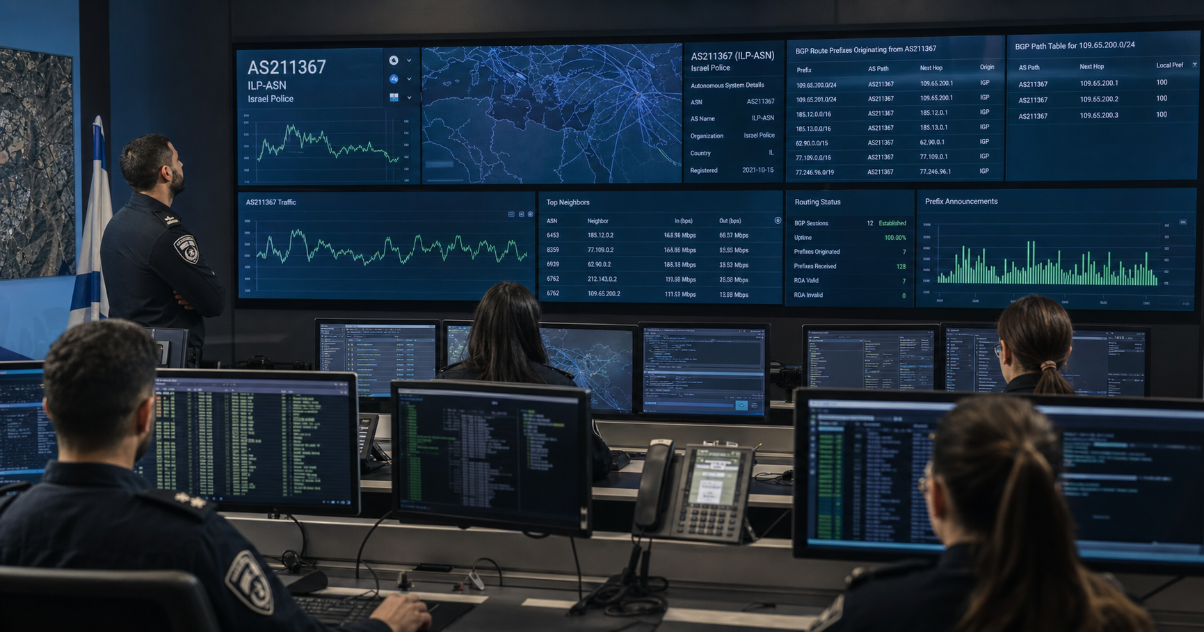A network operations center showing monitoring screens with BGP paths and Israel Police insignia, representing the critical infrastructure behind national law enforcement communications.