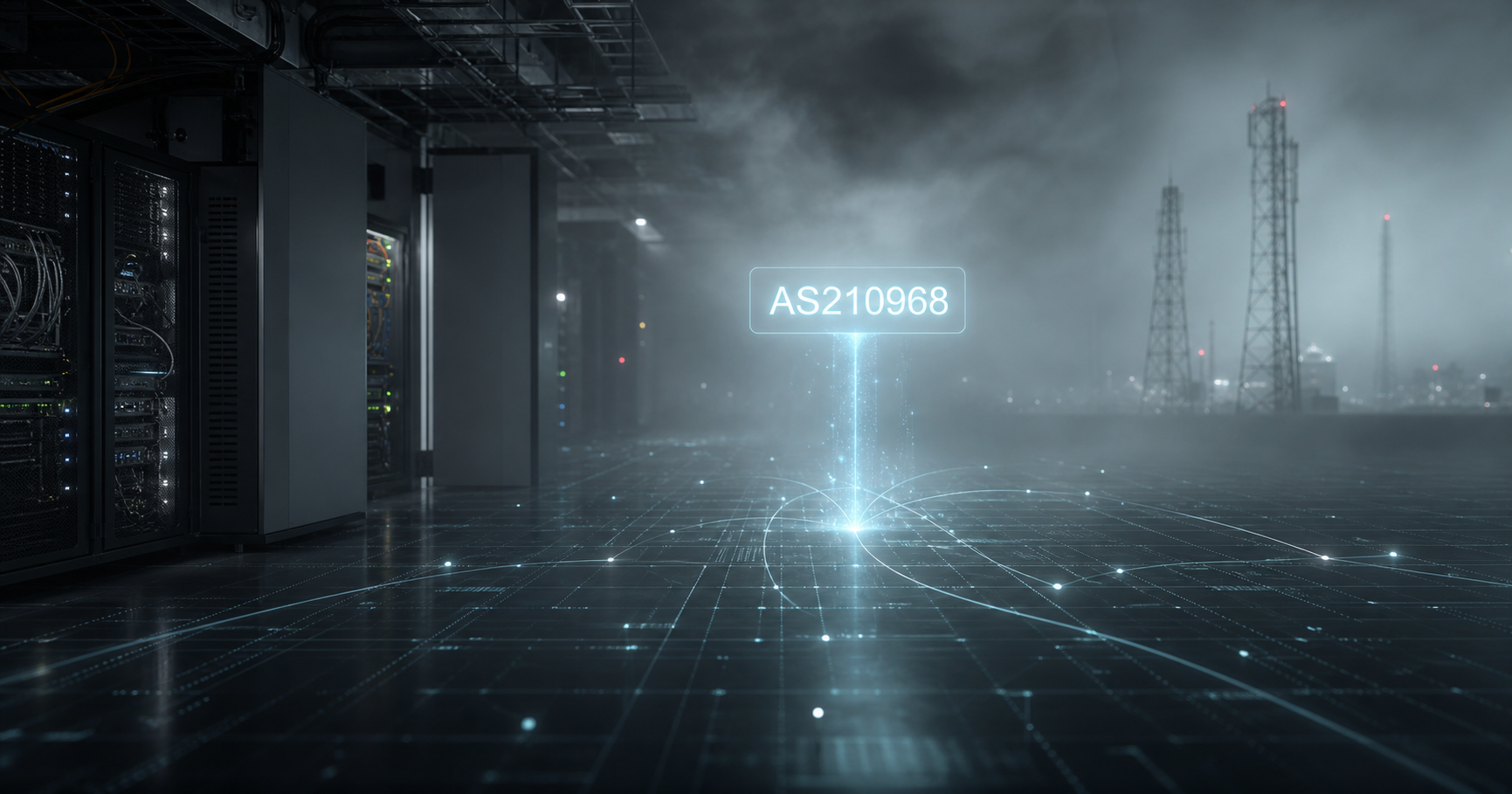 Abstract visualization of an autonomous system number floating over a dimly lit network node map, conveying anonymity and registry placeholder.