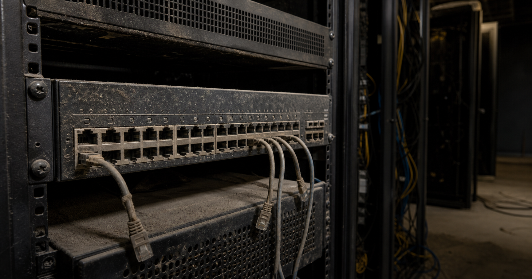 A dimly lit server room with an unused network switch and a disconnected fiber-optic cable.