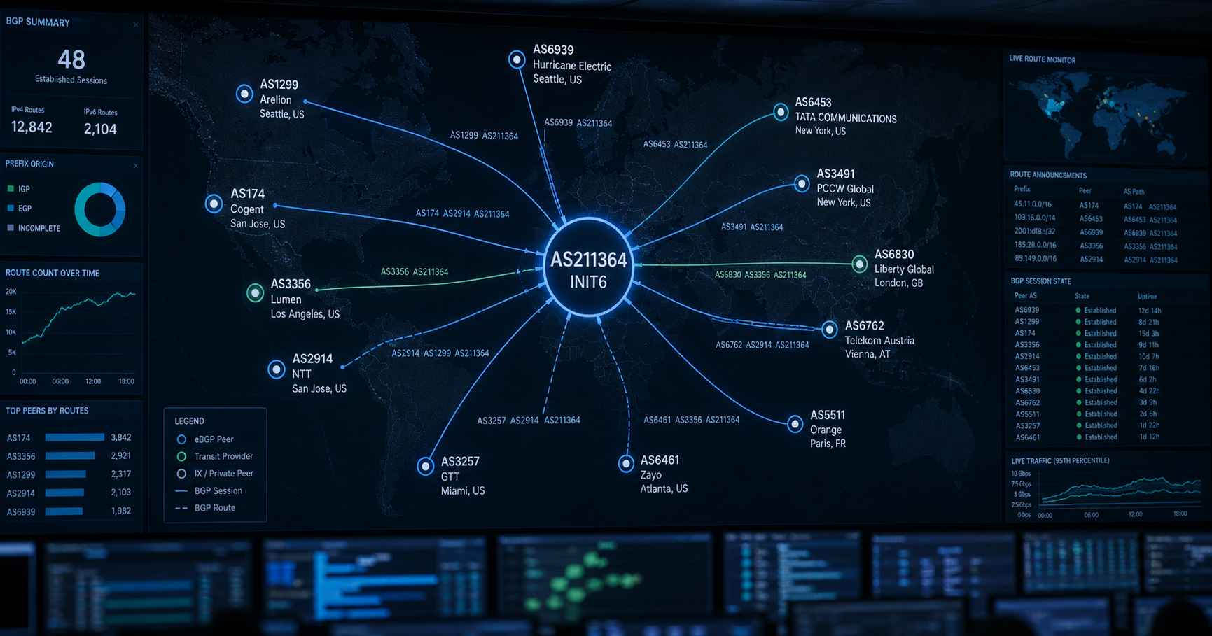 Illustration depicting a network routing map with a highlighted autonomous system node and data flowing across global connections.