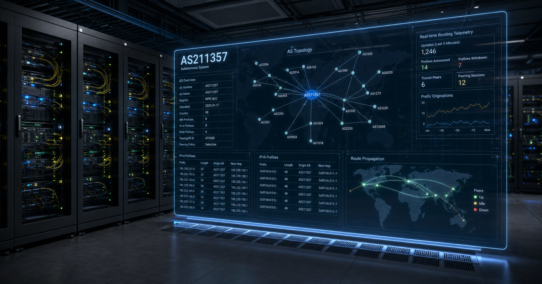 An abstract illustration of internet routing infrastructure with server racks and glowing network lines, symbolizing the potential operational role of AS211357.