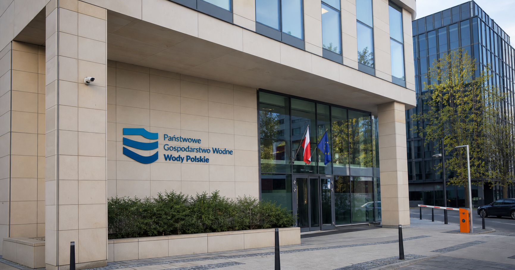 Exterior of the Wody Polskie headquarters building in Warsaw, Poland, with official signage.